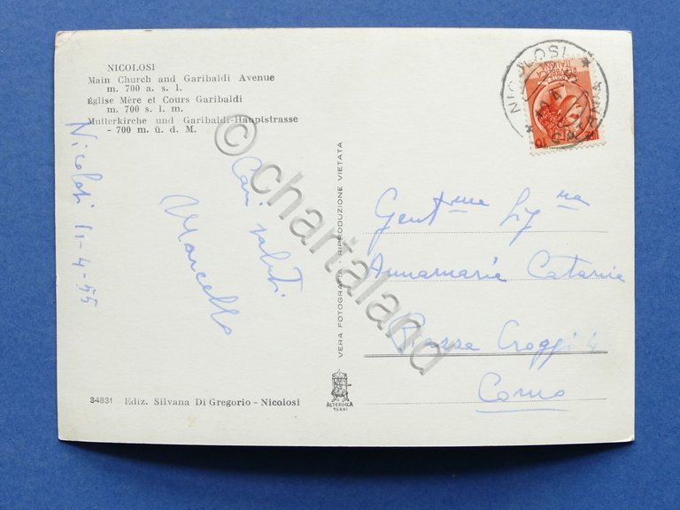 Cartolina Nicolosi - Chiesa Madre e Corso Garibaldi - 1955.