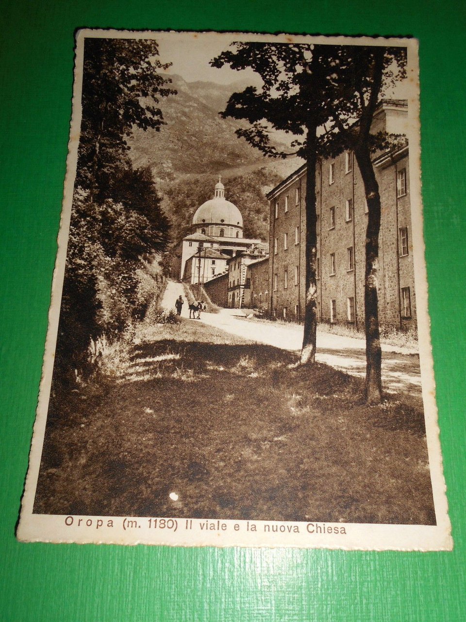 Cartolina Oropa - Il viale e la nuona Chiesa 1951.