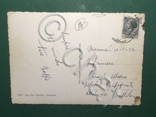 Cartolina Orzinuovi - Chiesa dell'Addolorata e Giardini - 1957