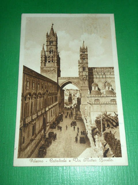 Cartolina Palermo - Cattedrale e Via Matteo Bonello 1935.