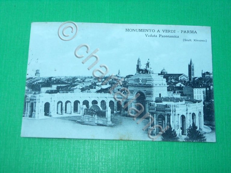 Cartolina Parma - Monumento a Verdi - Veduta panoramica 1920.