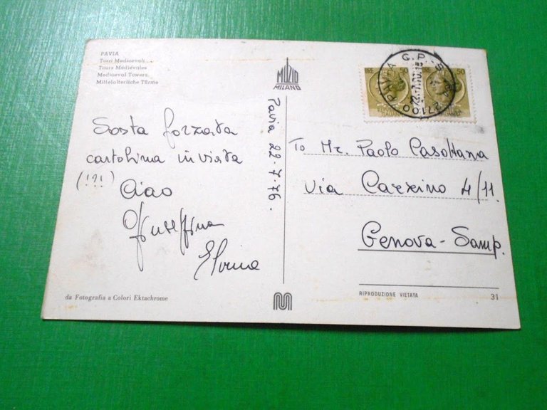 Cartolina Pavia - Torri Medioevali 1976.
