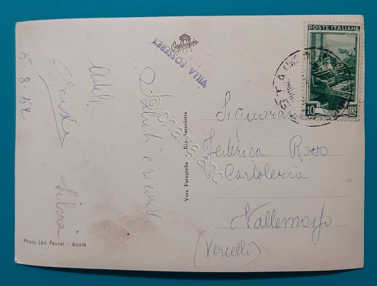 Cartolina Pila m. 1814 - Chalet Albergo Fasseret - 1952