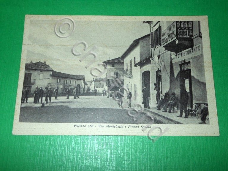 Cartolina Piobesi Torinese - Via Montebello e Piazza Savoia 1942.