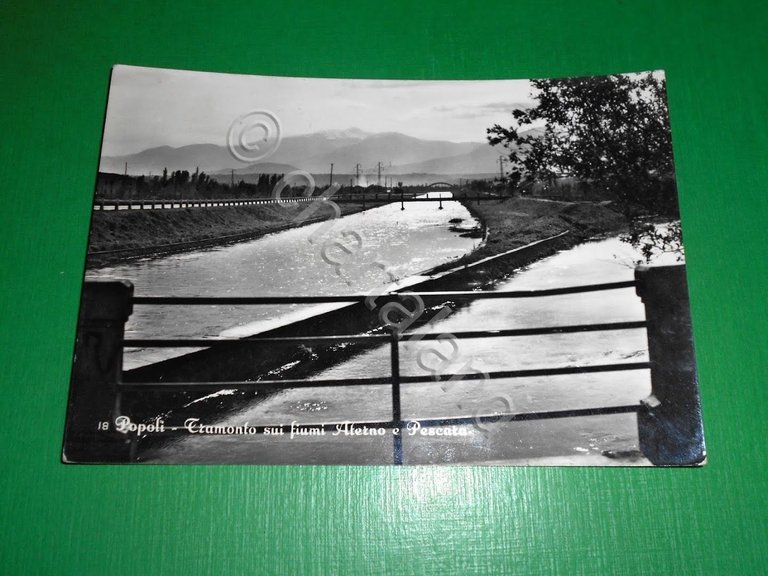 Cartolina Popoli - Tramonto sui fiumi Aterno e Pescara 1957.