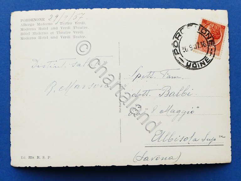 Cartolina Pordenone - Albergo Moderno e Teatro Verdi - 1957.