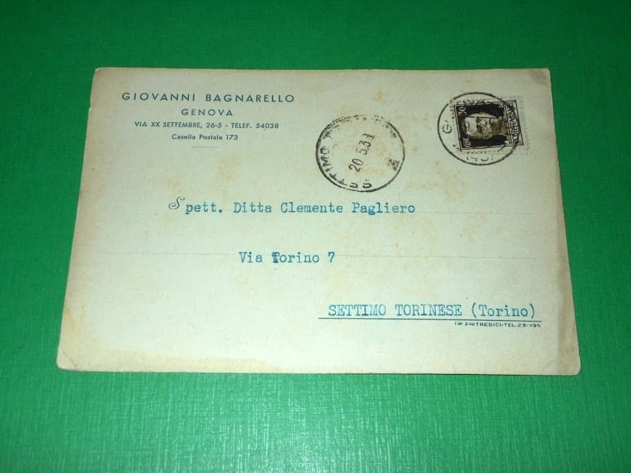 Cartolina Pubblicità - Giovanni Bagnarello Genova 1938.