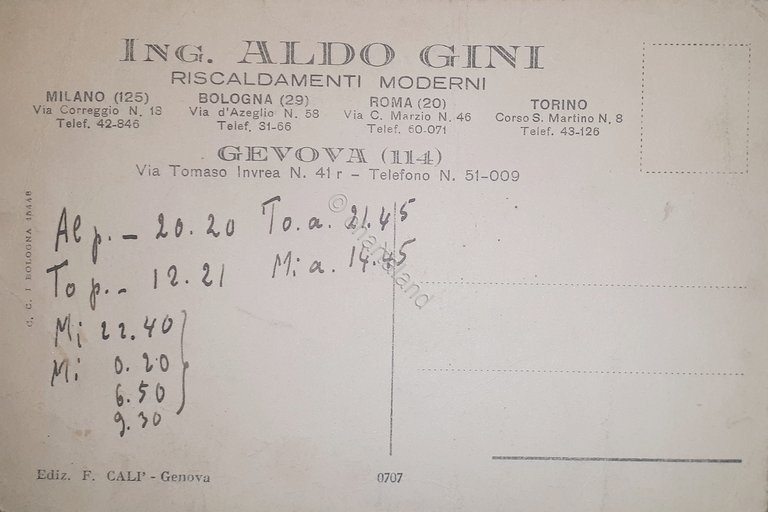 Cartolina Pubblicitaria - Ing. Aldo Gini - Riscaldamenti Moderni Genova …