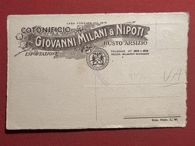 Cartolina Pubblicitaria Cotonificio Giovanni Milani e Nipoti Busto Arsizio 1900