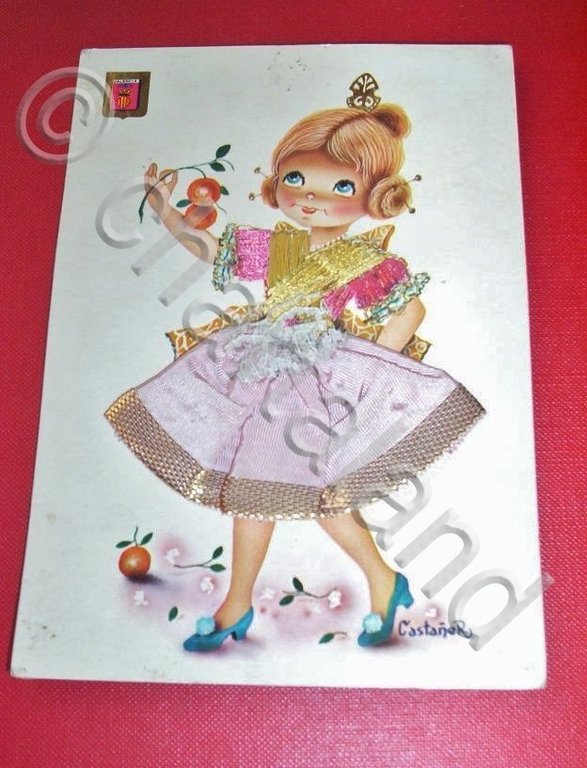 Cartolina ricamata in rilievo Costumi Bambina Spagna 40.