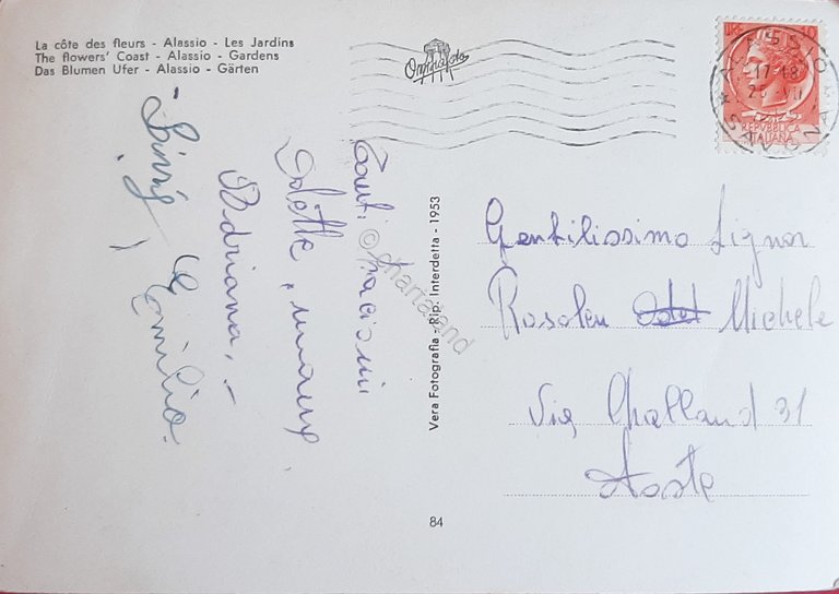 Cartolina Riviera dei fiori - Alassio - Giardini - 1955