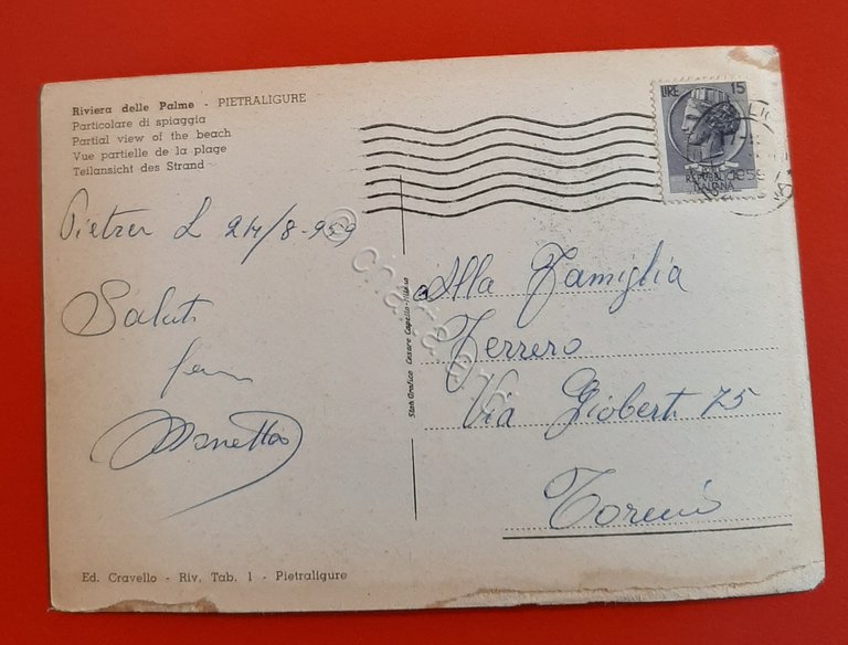 Cartolina Riviera delle Palme - Pietraligure - 1959