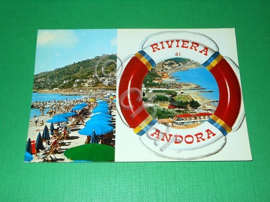 Cartolina Riviera di Andora - Spiaggia e Scorcio panoramico 1970.