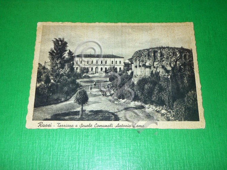 Cartolina Russi - Torrione e Scuole Comunali Antonio Lama 1938