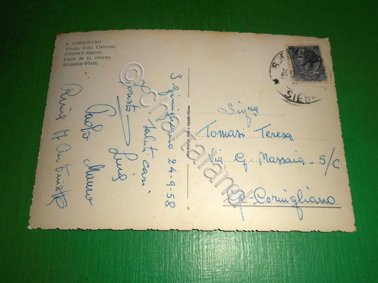 Cartolina S. Gimignano - Piazza della Cisterna 1958