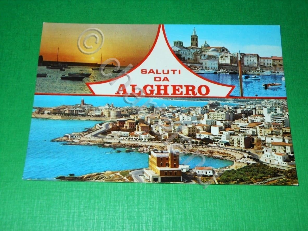 Cartolina Saluti da Alghero - Panorama e altre vedute 1981.