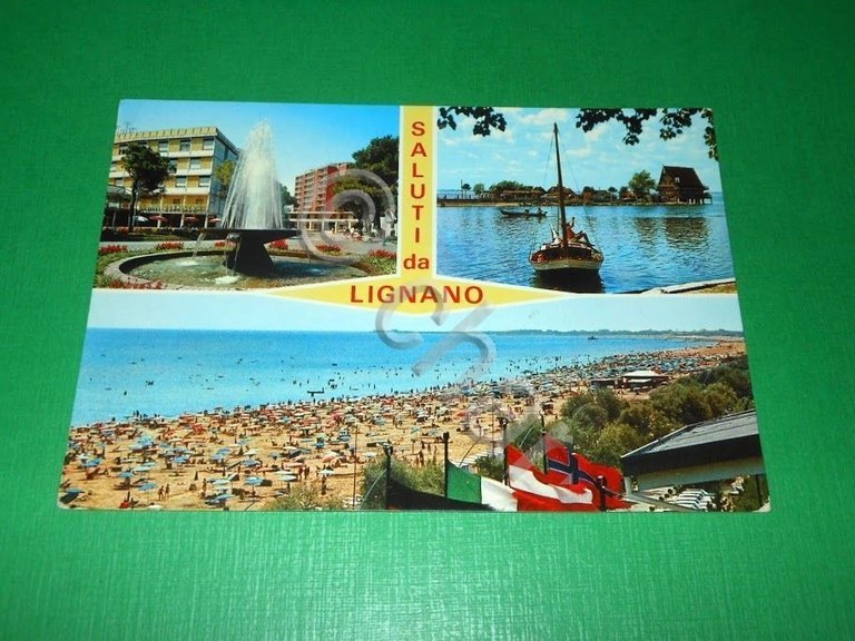 Cartolina Saluti da Lignano - Vedute diverse 1970