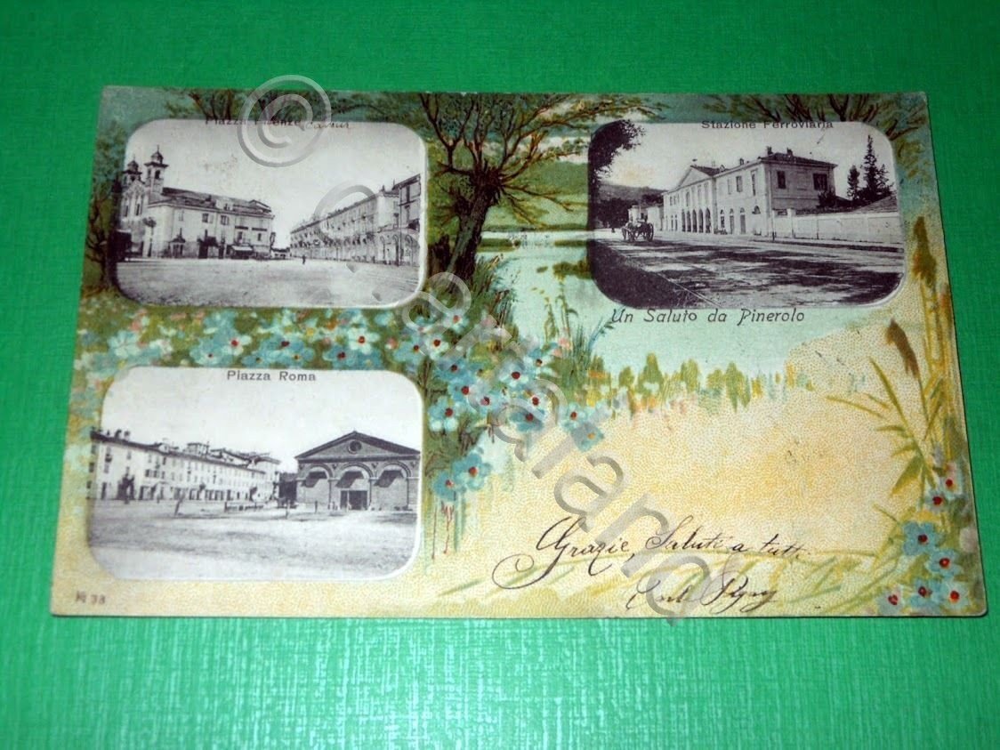Cartolina Saluti da Pinerolo - Stazione - Piazza Roma - …
