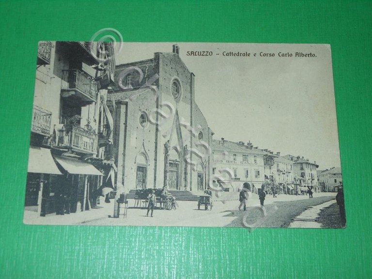 Cartolina Saluzzo - Cattedrale e Corso Carlo Alberto 1910