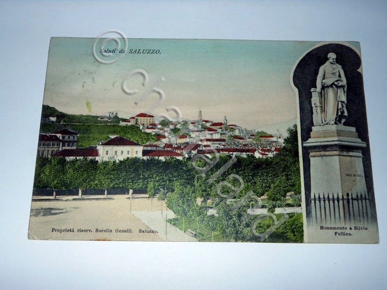 Cartolina Saluzzo - Scorcio panoramico e Monumento a Silvio Pellico …