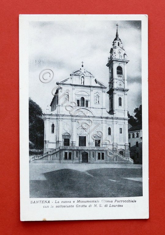 Cartolina Santena - Chiesa Parrocchiale con Grotta N.S. di Lourdes …