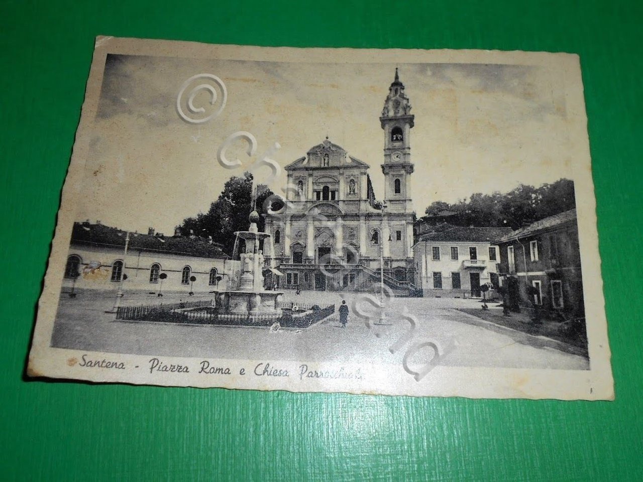 Cartolina Santena - Piazza Roma e Chiesa Parrocchiale 1955