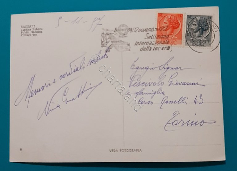 Cartolina Sassari - Giardini Pubblici - Particolare - 1957