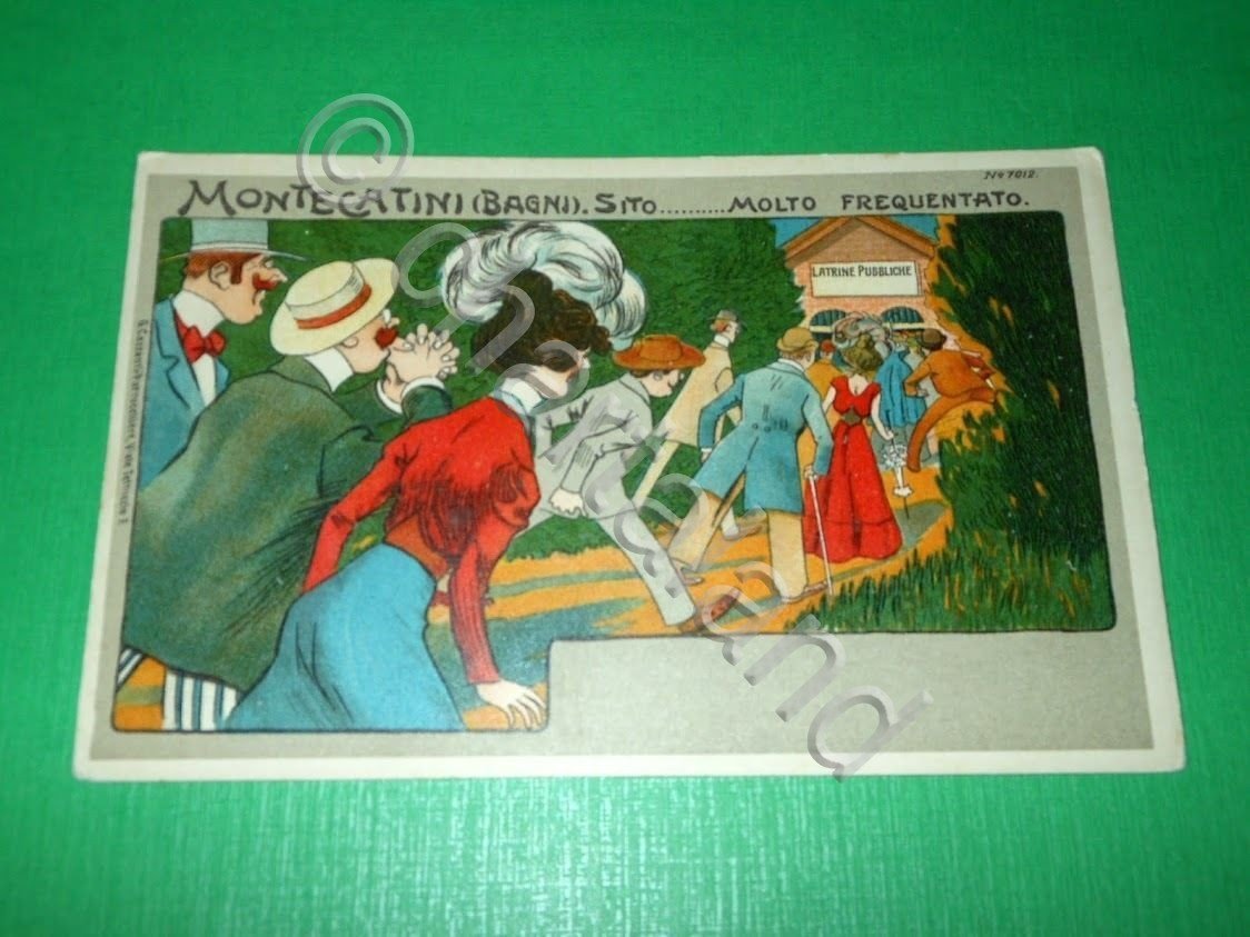 Cartolina satirica Montecatini Bagni ... Latrine Pubbliche 1910 ca.