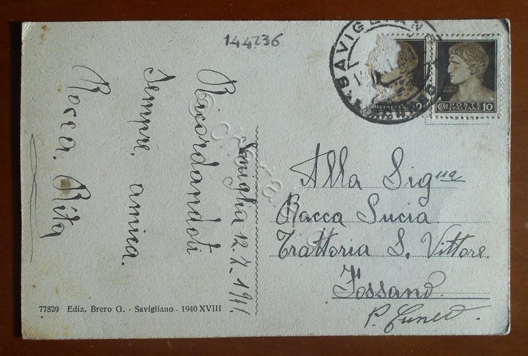 Cartolina Savigliano - Piazza Santorre Santarosa - 1941