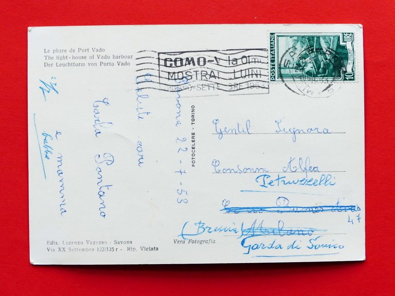 Cartolina Savona - Il Faro di Porto Vado - 1953.