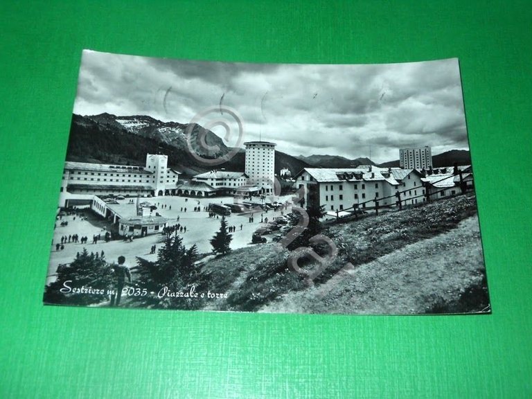 Cartolina Sestriere - Piazzale e torre 1959