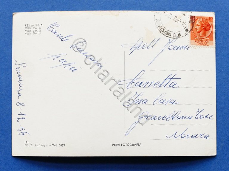 Cartolina Siracusa - Villa Politi - 1956.