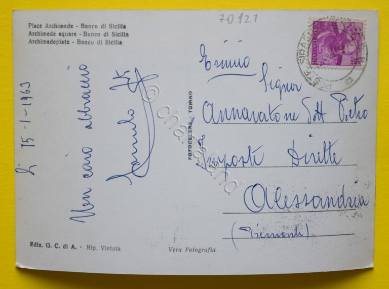 Cartolina Siracusa Piazza Archimede Banco Di Sicilia 1963