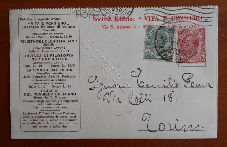 Cartolina Società Editrice VITA E PENSIERO - 1929
