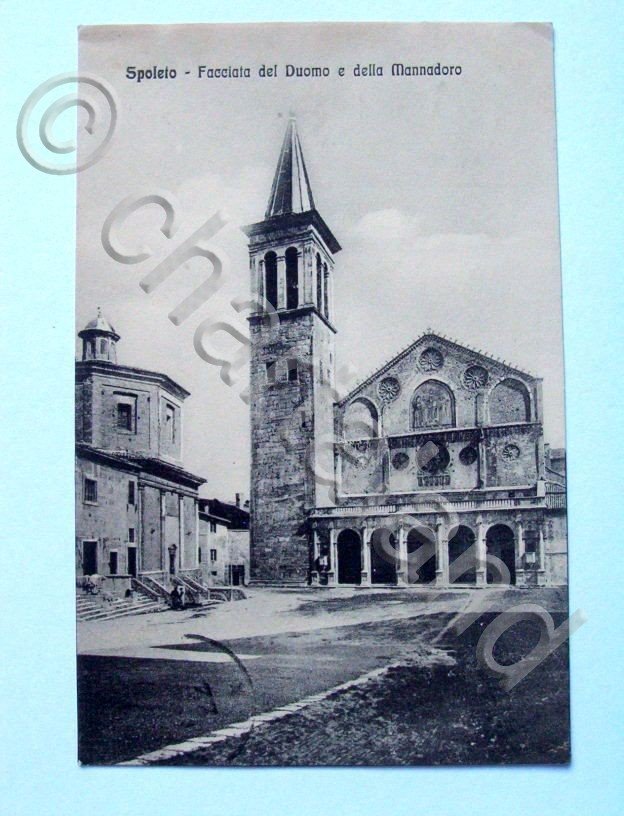 Cartolina Spoleto - Facciata del Duomo e Mannadoro 1913.