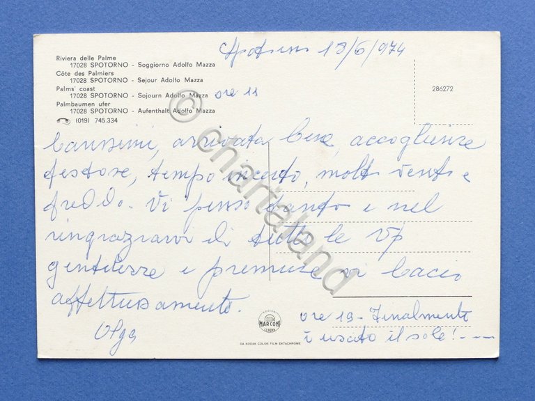 Cartolina Spotorno - Soggiorno Adolfo Mazza - 1974