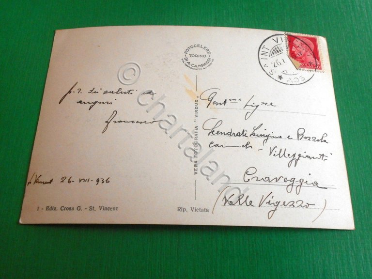 Cartolina St. Vincent - Grand Hotel Billia 1936.