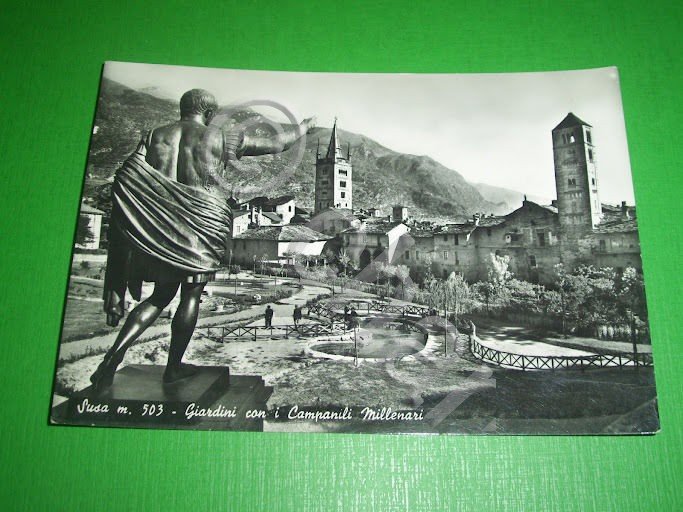 Cartolina Susa - Giardini con i Campanili Millenari 1959