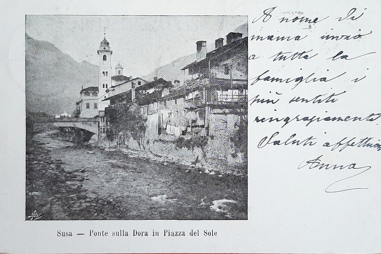 Cartolina Susa - Ponte sulla Dora in Piazza del Sole …