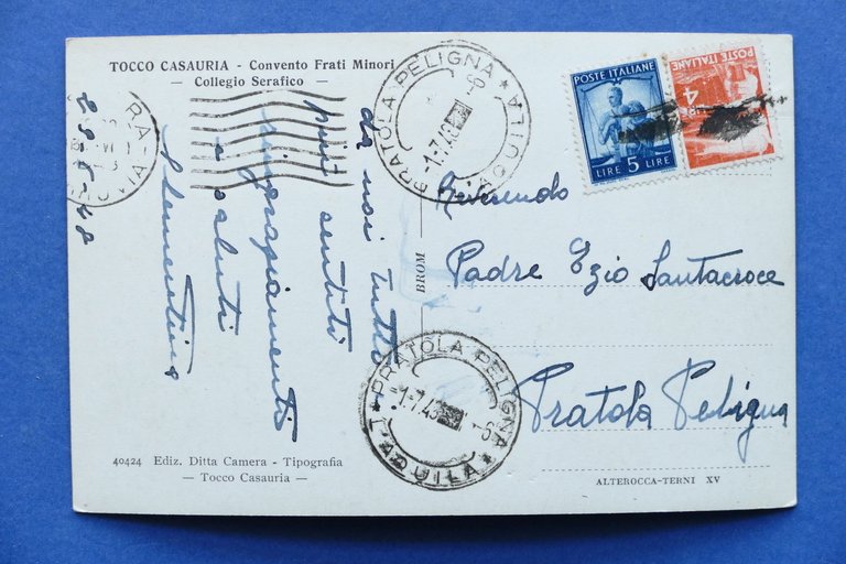 Cartolina Tocco Casauria - Convento Frati Minori - 1948.