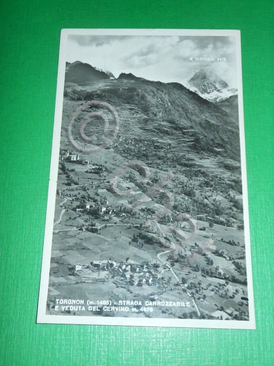 Cartolina Torgnon - Strada carrozzabile e veduta del Cervino 1949