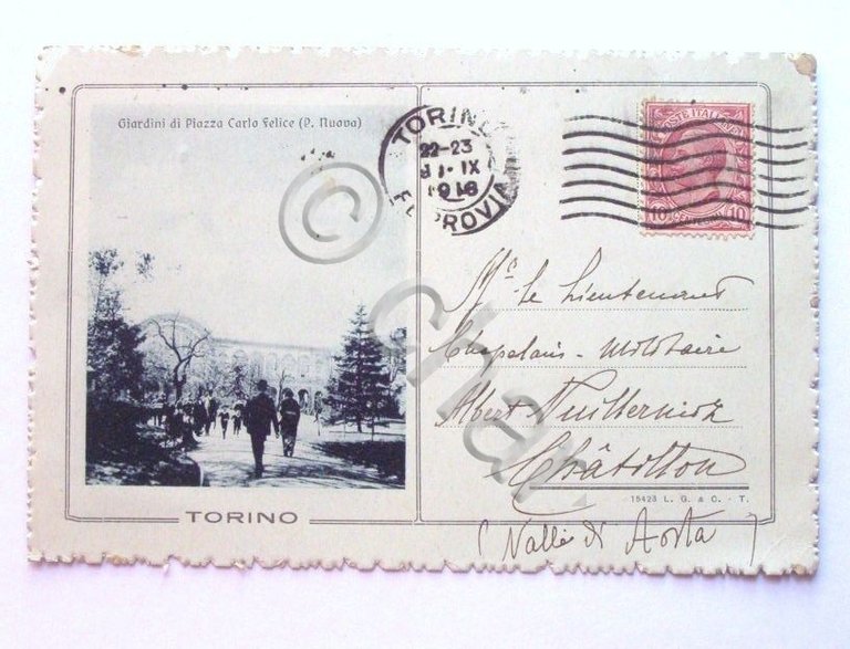Cartolina Torino - Giardini di Piazza Carlo Felice 1918