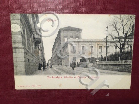 Cartolina Torino - Via Accademia Albertina ed Ospedale S. Giovanni …