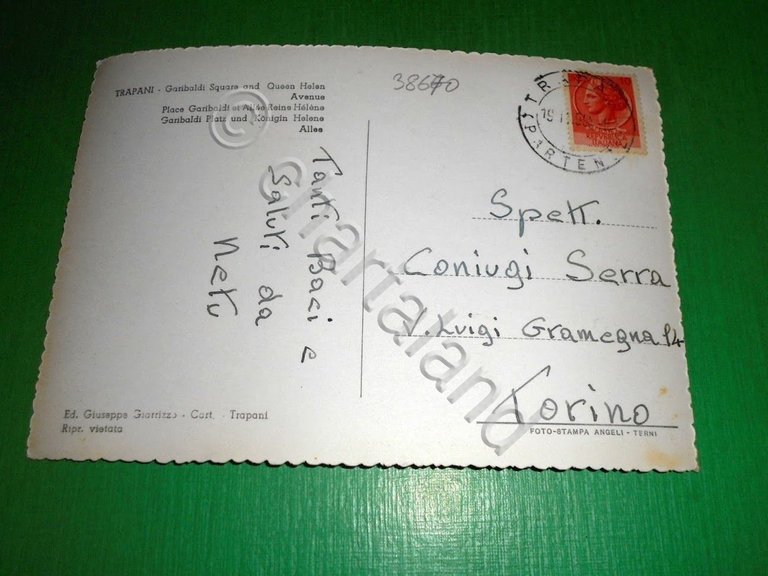 Cartolina Trapani - Piazza Garibaldi e Viale Regina Elena 1955.