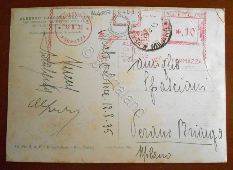 Cartolina Val Formazza - Albergo Cascata del Toce - 1935