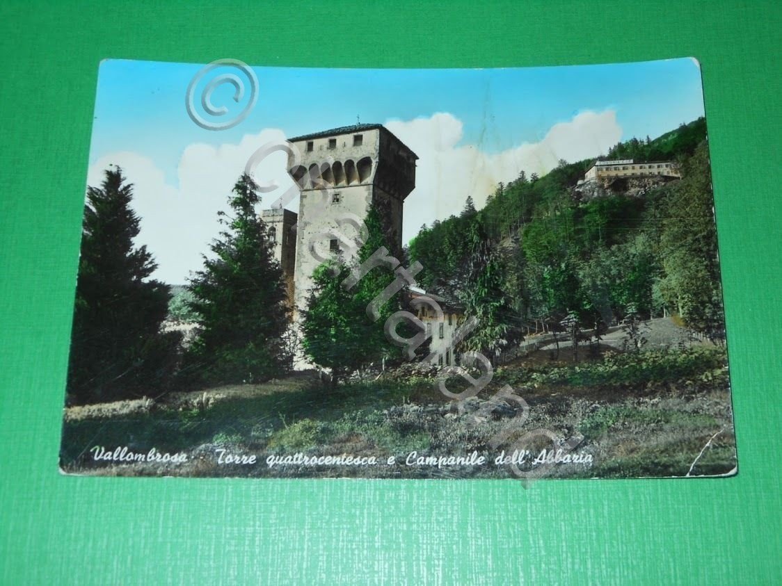 Cartolina Vallombrosa -Torre quattrocentesca e Campanile dell' Abbazia 1955 ca.