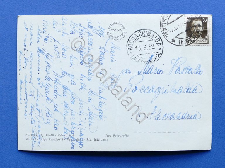 Cartolina Ventimiglia vista dal Cavo - 1939