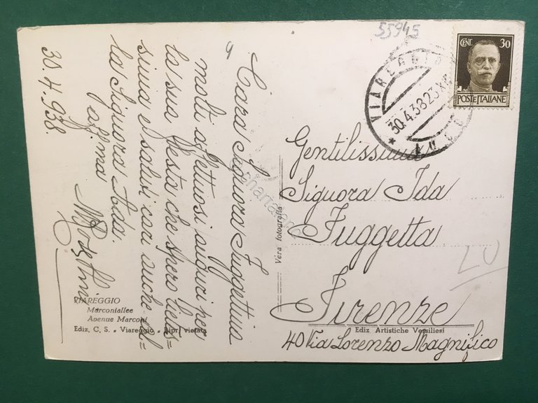 Cartolina Viareggio - Viale Marconi - 1938