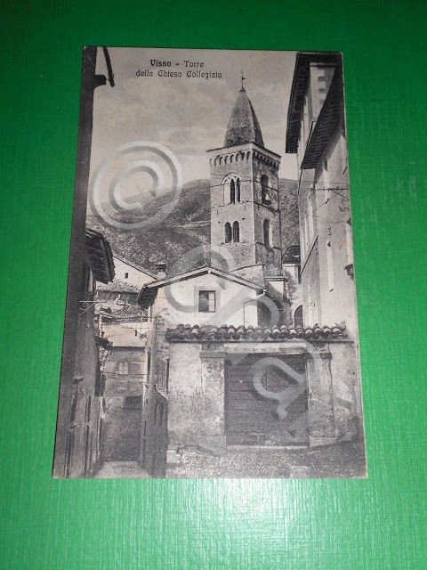 Cartolina Visso - Torre della Chiesa Collegiata 1931.
