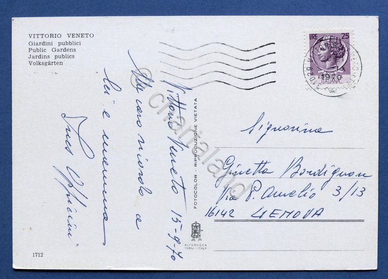Cartolina Vittorio Veneto - Giardini Pubblici - 1970